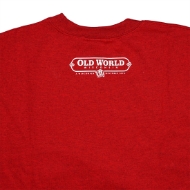 Detail of back of Yule Goat sweatshirt showing screen printed words "Old World Wisconsin" in white letters under the neck. 