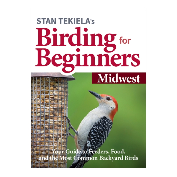 Book cover for "Birding for Beginners - Midwest" with title on top in bold red font and color photo of woodpecker on tree trunk.