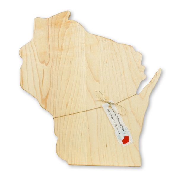 Blonde maple cheese board in the shape of the state of Wisconsin. A tag is tied to the board says "made in Wisconsin." that you can get in the online store!