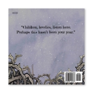 Krampus: Holiday Message book back cover with snowy sky and text that reads "Children, lovelies, listen here. Perhaps this hasn't been your year."