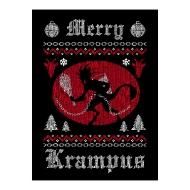 Merry Krampus Sweatshirt front design zoomed in featuring the Merry Krampus words and in between them is a red oval with black Krampus figure inside and outside includes white trees and red and white geometric patterned lines. 