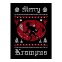 Merry Krampus Sweatshirt front design zoomed in featuring the Merry Krampus words and in between them is a red oval with black Krampus figure inside and outside includes white trees and red and white geometric patterned lines. 