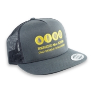 Behind the Brew Trucker Hat in charcoal grey color with tan symbols showing from left to right, water, wheat, hops, and yeast. Under the symbols displays the words Behind the Brew, and Old World Wisconsin.