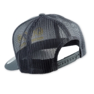 Back side of the Behind the Brew Trucker Cap showing the ventilated mesh top and adjustable plastic clip mechanism.