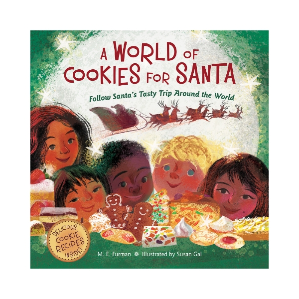 World of Cookies for Santa cover featuring illustration of five different children with various foods from around the world in front of them. In the background is Santa on his sled with the reindeer. 