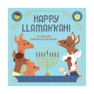 Book cover of "Happy Llamakkah!" with light blue background and family of llamas gathered around a gold menorah with dark blue candles. 