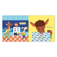 Inside look at 2 "Happy Llamakkah" book illustrations. On the left, a parent and child make latkes in the kitchen. On the right, a llama ties a ribbon on a present.   