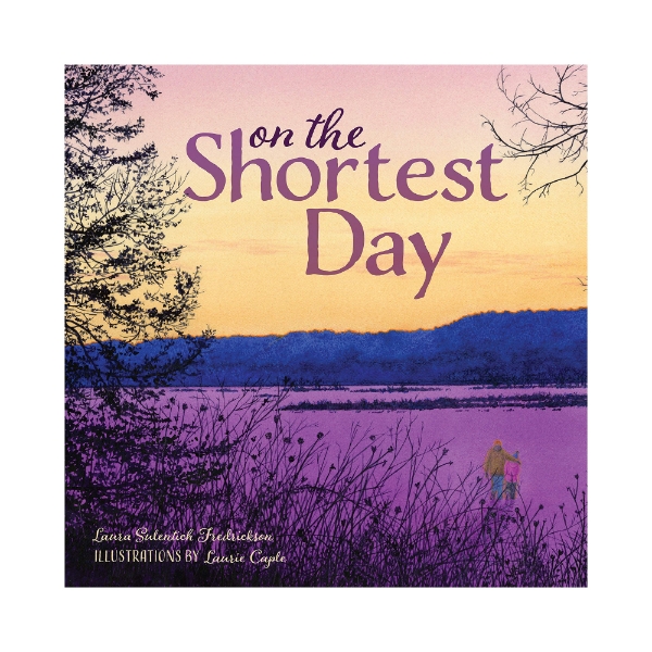 Book cover of "On the Shortest Day" featuring a landscape illustration of a frozen, snow-covered river with treeline in background. Colors include purple foreground with dark blue treeline and yellow sky.
