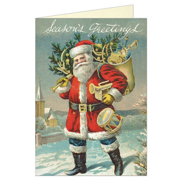 Christmas card with vintage illustration of a rotund Santa Claus in his red suit. He stands in snow, and cursive text at the top of the card says "Season's Greetings."