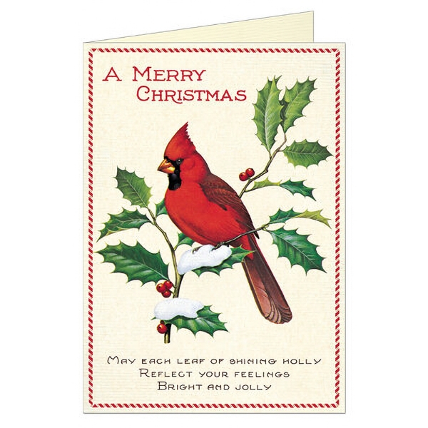 A Christmas card with a red cardinal perched on a twig of green holly. The card says "A Merry Christmas" on top and "May each leaf of shining holly reflect your feelings bright and jolly" on the bottom.