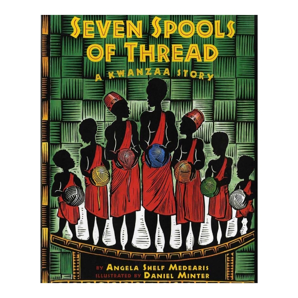Book cover of "Seven Spools of Thread" showing an illustration of seven silhouetted figures standing together. Each person is dressed in red and each holds a ball of thread. The title, at the top of the cover, is in bold yellow font.