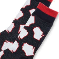 Close up detail view of two dark gray socks with white Wisconsin shapes repeating throughout. Red top cuff band. 