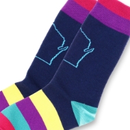 Two multi-color socks with the outline of Wisconsin on the side. The upper part of the sock is navy blue. The foot of the sock is striped in various bright colors.