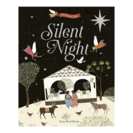 Book cover of "Silent Night" children's book with an illustration of a scene at night. There a dark sky with blue stars and angels. There is a white building  surrounded by scattered trees, and a few farm animals. In the center is a mother, father, and infant.