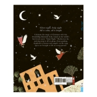 Back cover of silent night children's book with an illustration of a scene at night. There a dark sky with white stars and angels. There is a tan building  surrounded by scattered trees. A short summary paragraph is in the center. 