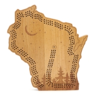 Wisconsin cribbage board made of wood and cut out in the shape of the state with engraved pine trees, crescent moon, and stars across board.