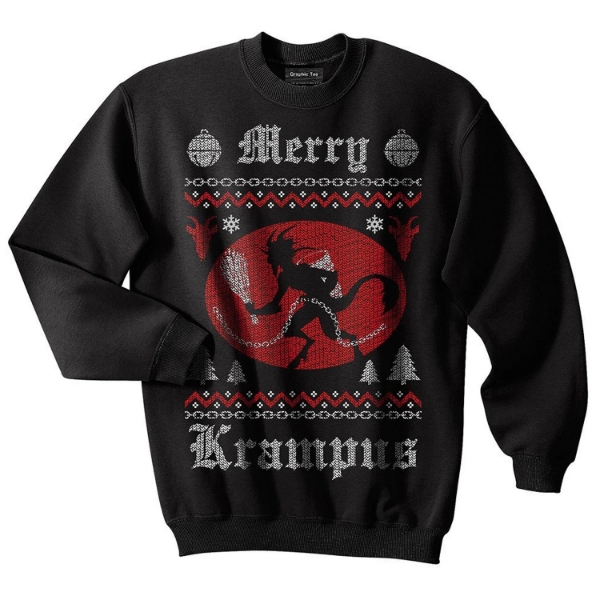 	A black sweatshirt with white lettering that says "Merry Krampus." Also on the front of the sweatshirt, in the middle, is a red oval, and in the oval is an illustration of Krampus with horns and hooves, holding a long chain.