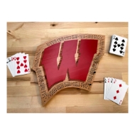 UW Wisconsin "W" wood cribbage board with a large, bold, red "W" painted in the center with a cribbage track around the perimeter of the board. 