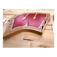 UW Wisconsin "W" wood cribbage board with a large, bold, red "W" painted in the center with a cribbage track around the perimeter of the board. Shown from the side to show approximate 1-inch depth. 