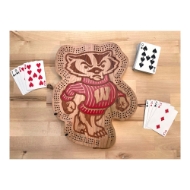Wood cribbage board cut to the shape of the Bucky Badger mascot, with engraved details and a red sweater. Cribbage track around the perimeter. 