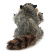 Small raccoon finger puppet with fuzzy gray fur and striped tail, shown from the back. 