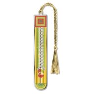 Polished brass "Saguaro Forms" bookmark with Frank Lloyd Wright's geometric, abstract design in yellow, green, and red.  Gold string with tassle.