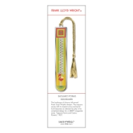 Polished brass "Saguaro Forms" bookmark shown mounted on display card. The bookmark has Frank Lloyd Wright's geometric design in yellow, green, and red. Gold string with tassle.