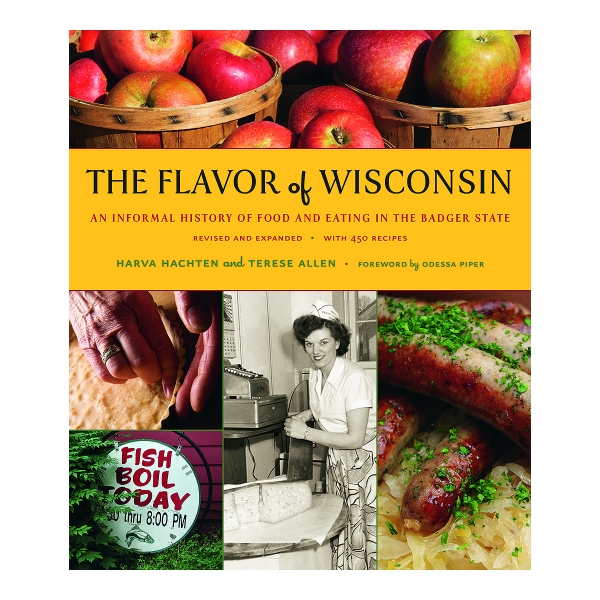Flavor of Wisconsin book cover featuring various foods and black and white image of woman cooking