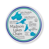 Round magnet showing Madison Wisconsin's chain of lakes. Blue lakes on white background.