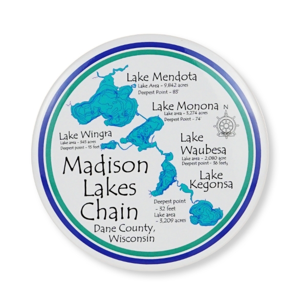 Round magnet showing Madison Wisconsin's chain of lakes. Blue lakes on white background.
