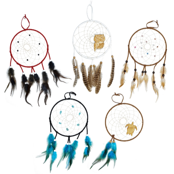 Five Ojibwe legend dreamcatchers each with different design, colors, and feathers. Each has a suede hanging loop on top and feathers dangling on the bottom.