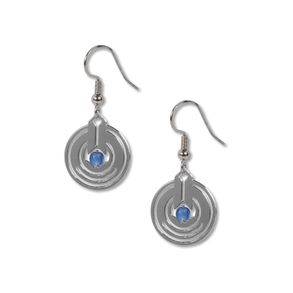 Two short, polished metal, dangle earrings with perforated round shape hung on the diagonal. Modern Frank Lloyd Wright "April Showers" design with blue glass bead in center.