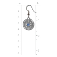 Polished metal dangle earring with perforated round shape and blue glass bead in center. Shown next to ruler showing length of about 1.5 inches.