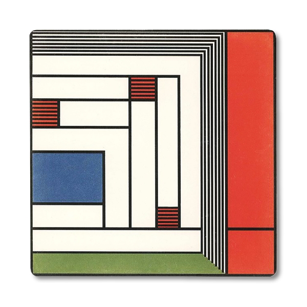 Square trivet with rectangular art design by Frank Lloyd Wright. Red, white, blue, and green rectangles.