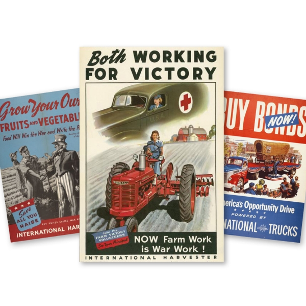 Three posters from WWII promoting victory gardens, International Harvester trucks, and buying bonds.