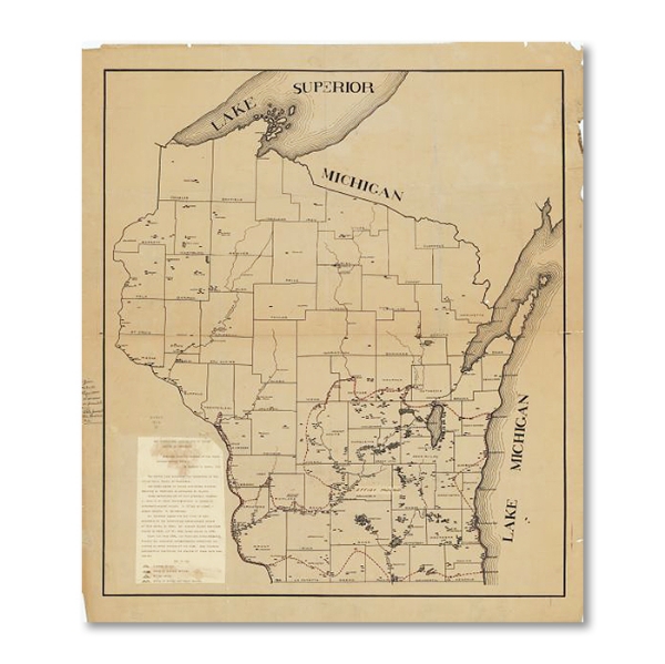 1916 map of Wisconsin showing Indian mounds. The paper is yellowed and edges torn.