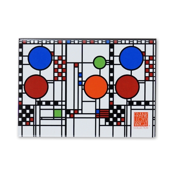 Rectangular refridgerator magnet with colorful, geometric designs by Frank Lloyd Wright.