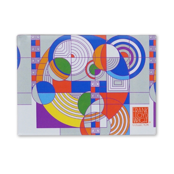 Rectangular refridgerator magnet with colorful, geometric designs by Frank Lloyd Wright.
