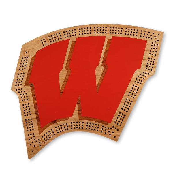 UW Wisconsin "W" shape wood cribbage board with a large, bold, red "W" painted in the center with a tripple cribbage track around the perimeter.