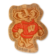 Wood cribbage board cut to the shape of the Bucky Badger mascot, with engraved details and a red sweater. Cribbage track around the perimeter.