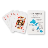 Product image of playing cards featuring illustration of Madison Wisconsin's chain of four lakes. Each lake is labeled. 