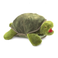 Green, fabric, stuffed plush turtle hand puppet. Domed "shell" and open red mouth.