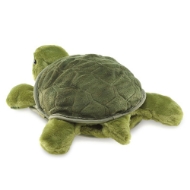 View of tail end of green, fabric, stuffed plush turtle puppet with domed "shell" short green tail.
