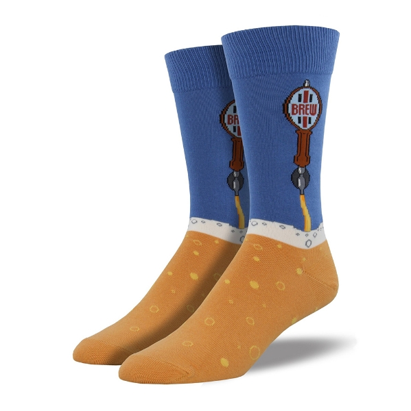 Beer Tap Crew Sock with blue up top on ankle with a beer tap pouring golden beer on the feet with bubbles. 