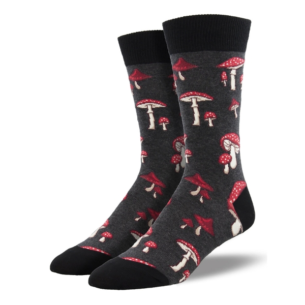 Mushroom Crew Sock in dark grey with red and white mushrooms. Top, heel, and toe are black. 