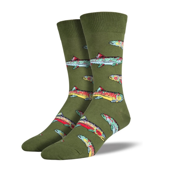 Trout Crew Sock in green featuring trout fish up and down the socks. 