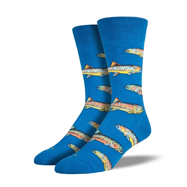Trout Crew Sock in blue featuring trout fish up and down the sock. 