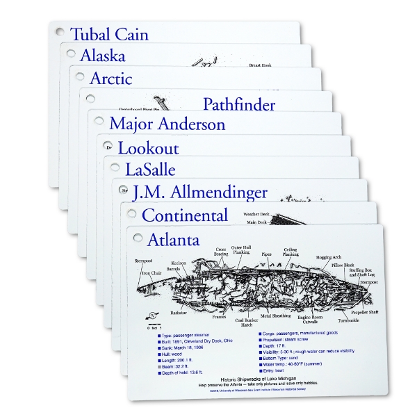 Lake Michigan Shipwrecks set 1 featuring cards for 7 ships which include graphics and info for each. 7 cards aligned together with hole punched in corner.