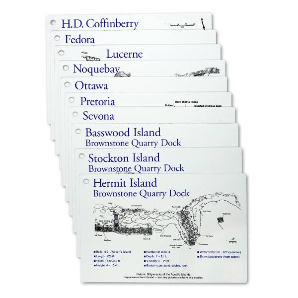 Lake Superior Shipwrecks set 1 featuring cards for 10 ships which include graphics and info for each. 10 cards aligned together with hole punched in corner.