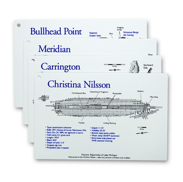 Lake Michigan Shipwrecks set 1 featuring cards for 4 ships which include graphics and info for each. 4 cards aligned together with hole punched in corner.